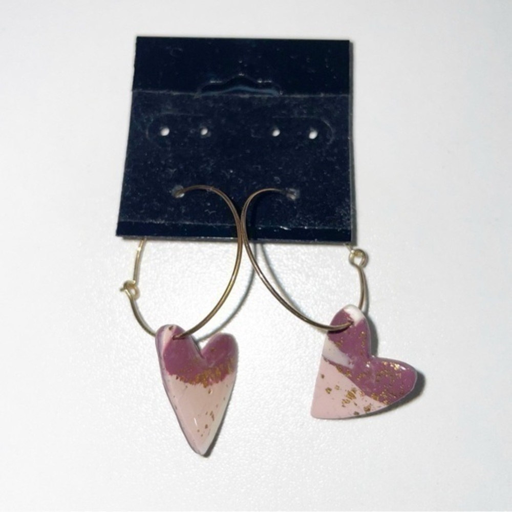 Pink Heart Gold Hoop Earrings